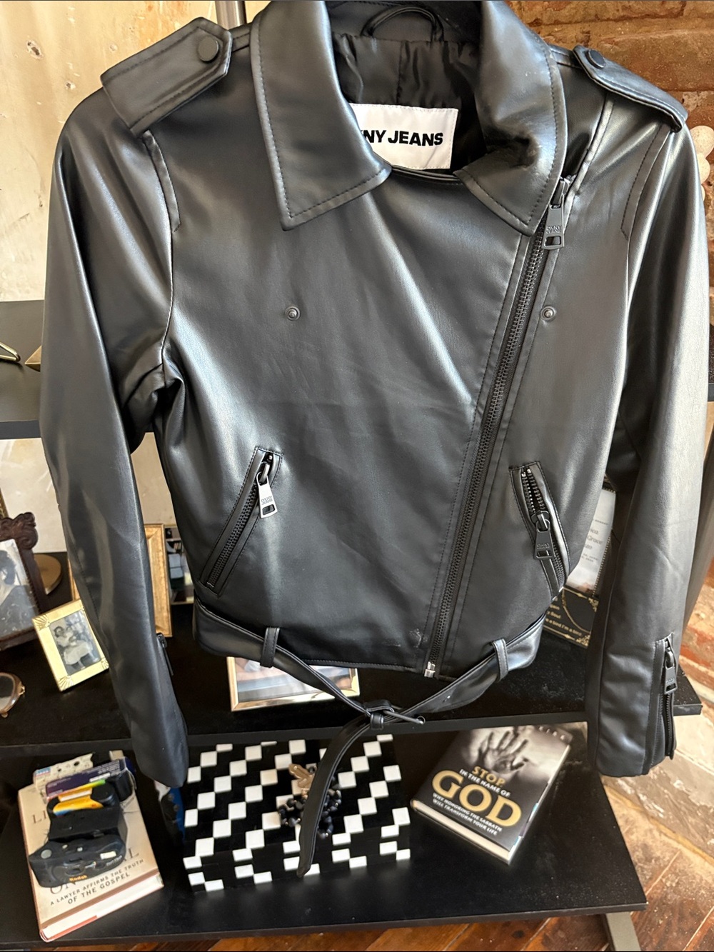 DKNY Black Faux Leather Asymmetric Moto Jacket